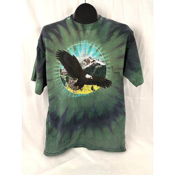 VTG 90s Green Tie-dyed Bald Eagle Flying Over Mountains T-Shirt X-LARGE - Picture 1 of 11